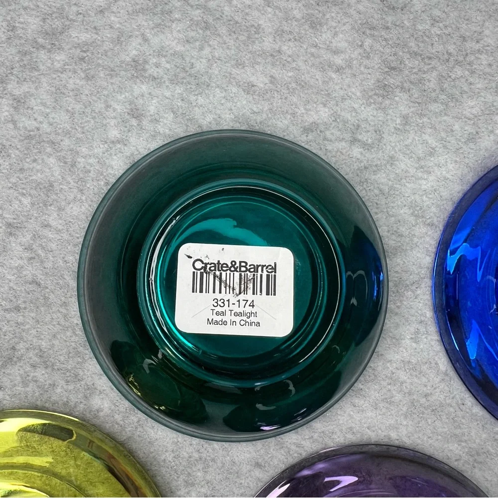 Crate&Barrel Set of 5 Tea Light Candle Holders Lime Amethyst Amber Cobalt Teal