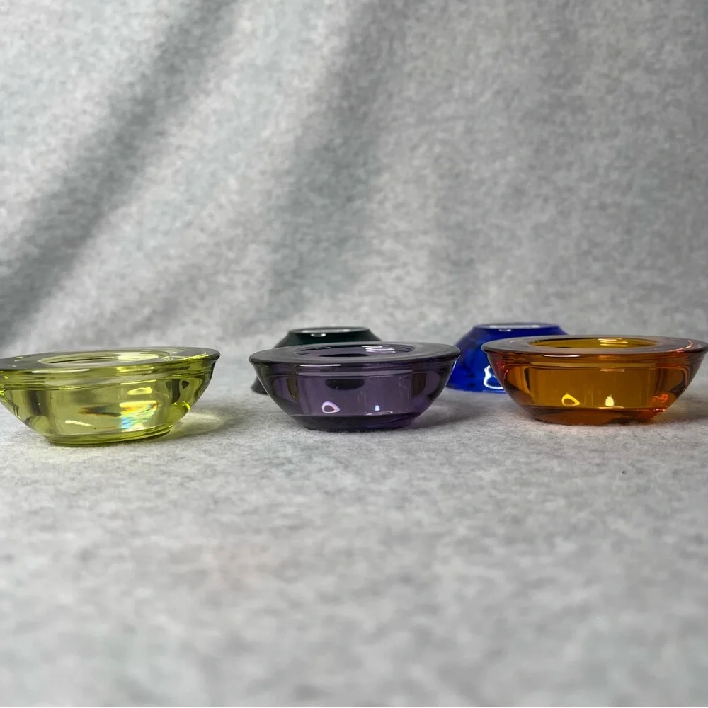 Crate&Barrel Set of 5 Tea Light Candle Holders Lime Amethyst Amber Cobalt Teal