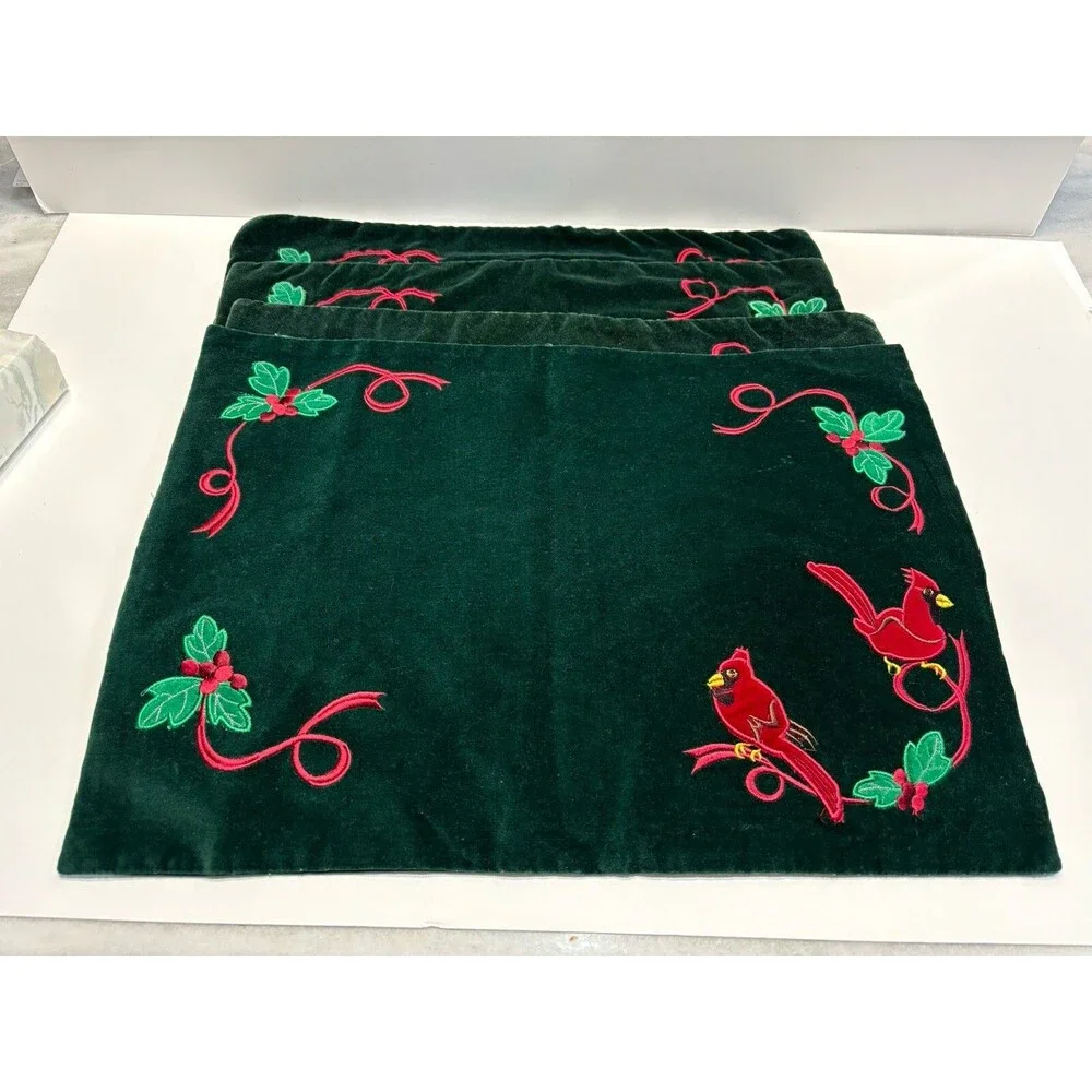 Christmas Placemats Quilted Embroidered Velvet Cardinal Holly Set of 4 13x17