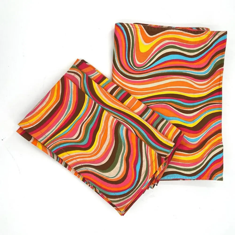 Crate&Barrel psychedelic multicolor waves table runner and napkin set