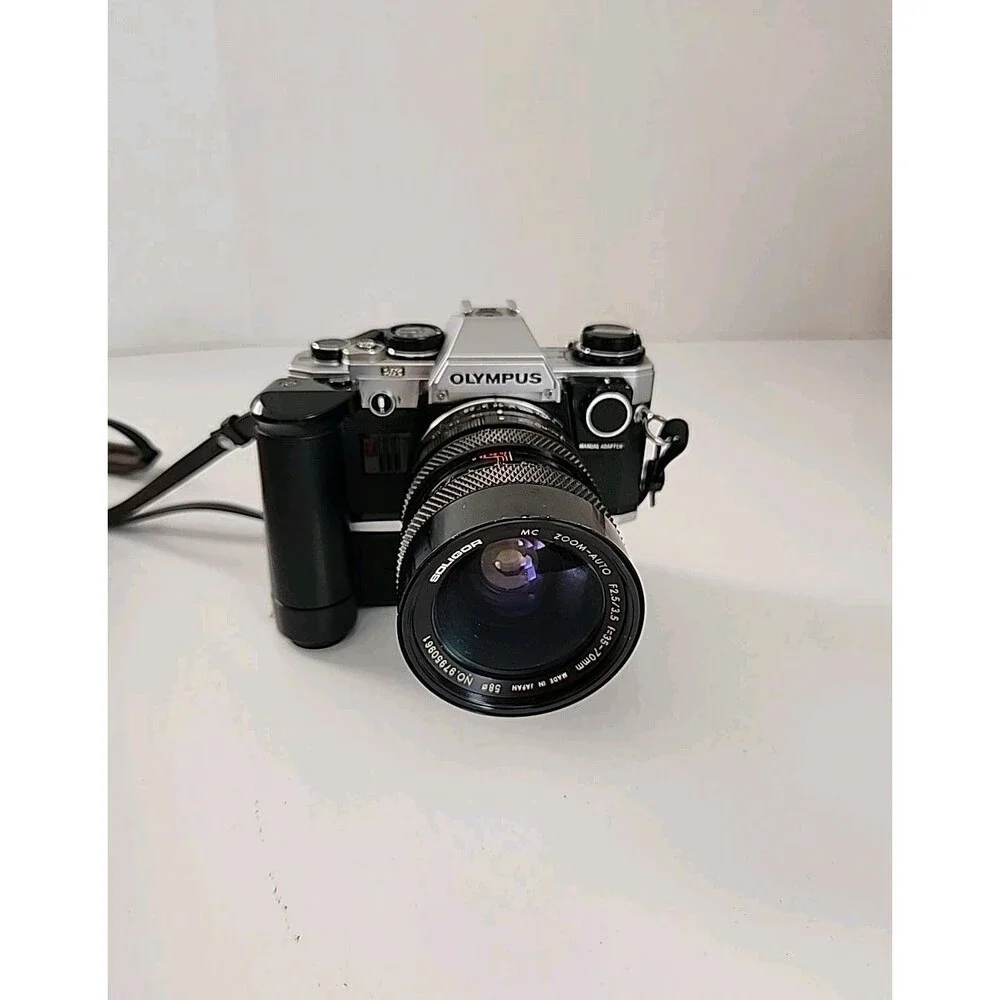 Vintage Olympus OM-10 35mm film Camera Soligor 70mm F2.5/3.5 Lens And winder