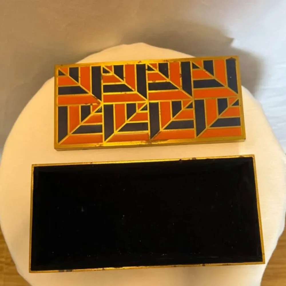 West Elm Art Deco Enamel In Laid Top Felt Lined Inside Metal Box