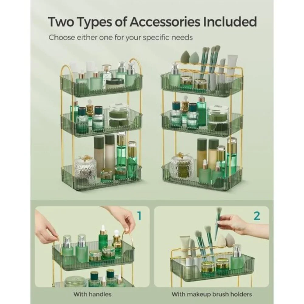New 3-Tier Pale Green Makeup Organizer with Jewelry Holder for Vanity & Bathroom
