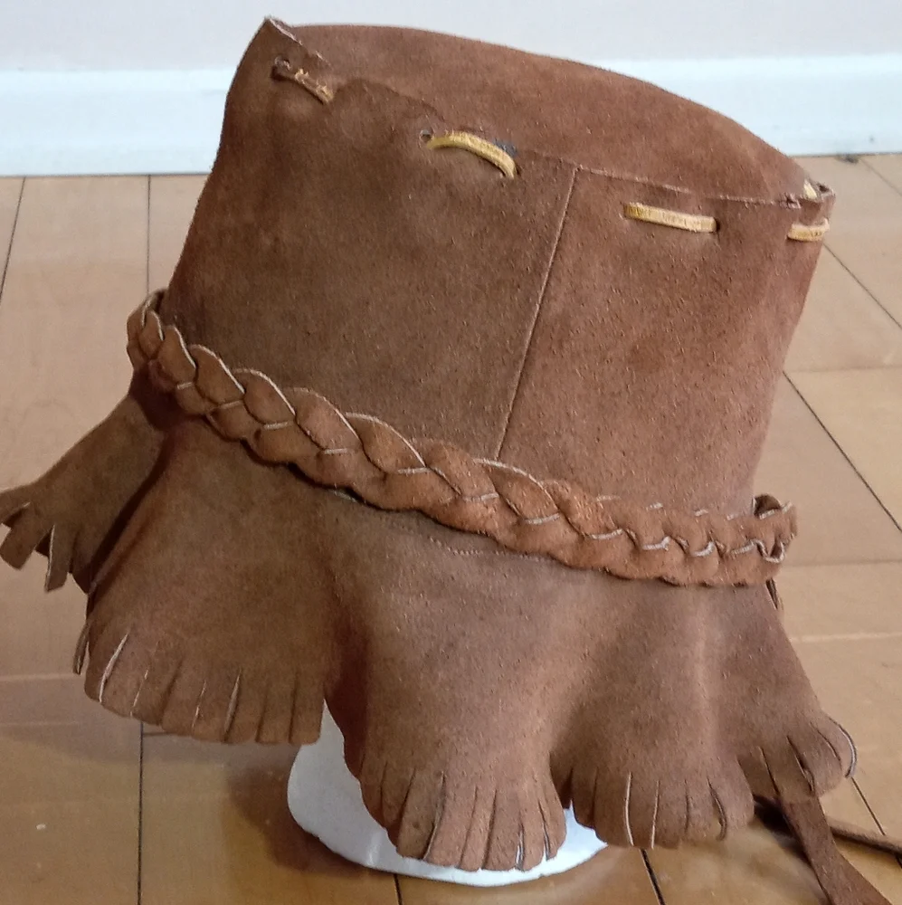 Handmade Vintage Suede bucket hat with leather stitching and braiding unisex