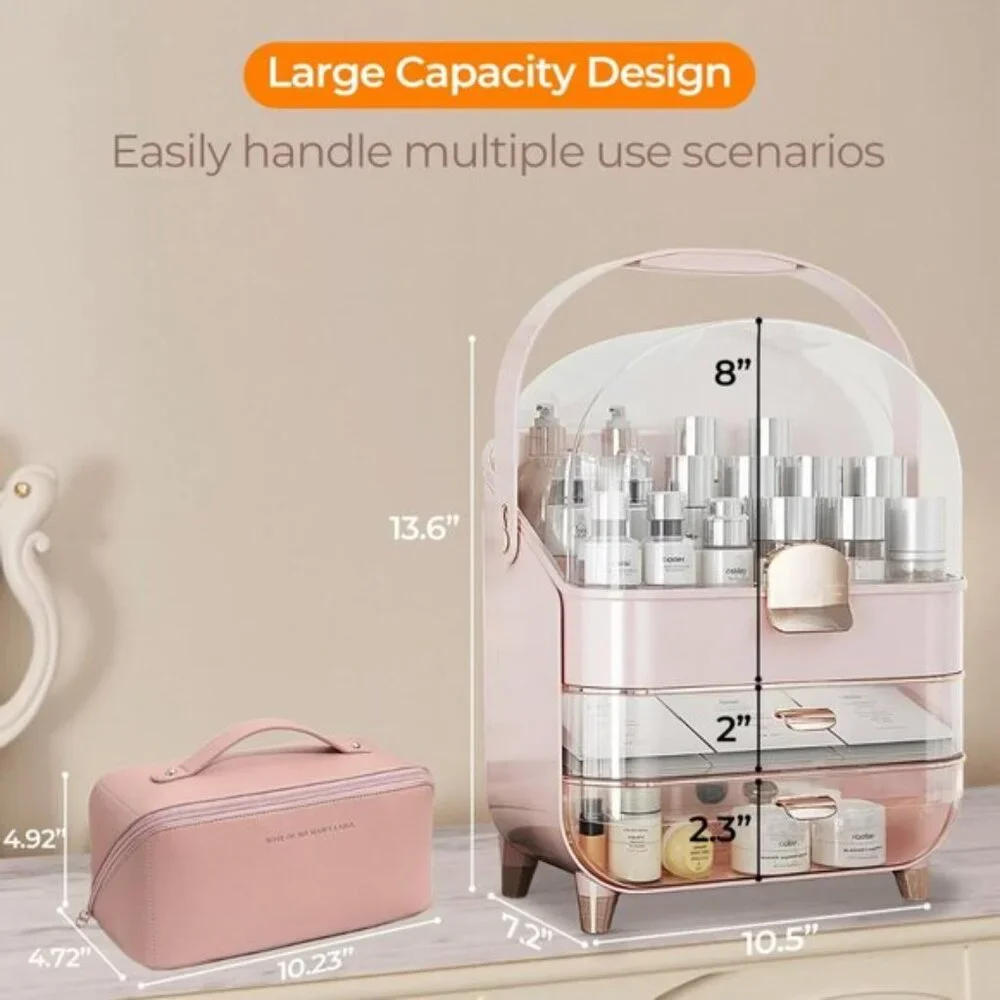 Pink Makeup Organizer, 2-Drawer Dustproof Vanity Storage with Lid for Skincare