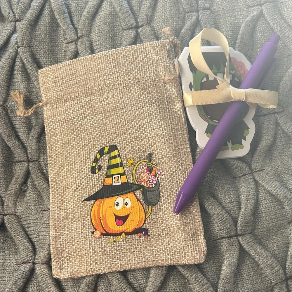 Halloween Burlap Gift Bags with Pens and Sticky Notes