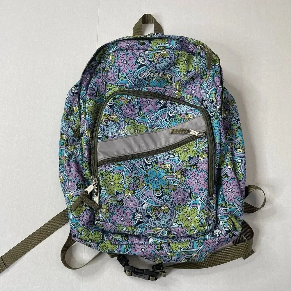 LL Bean Blue Green Purple Floral 70s Design Personalized Backpack Amaya