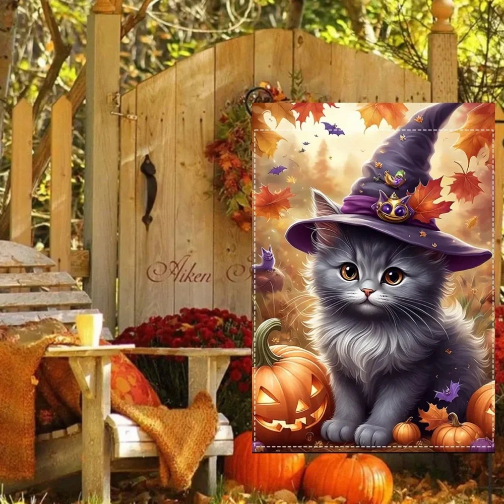Garden Flag, 12”x18”, Halloween Witch Cat, Burlap Polyester Doublesided