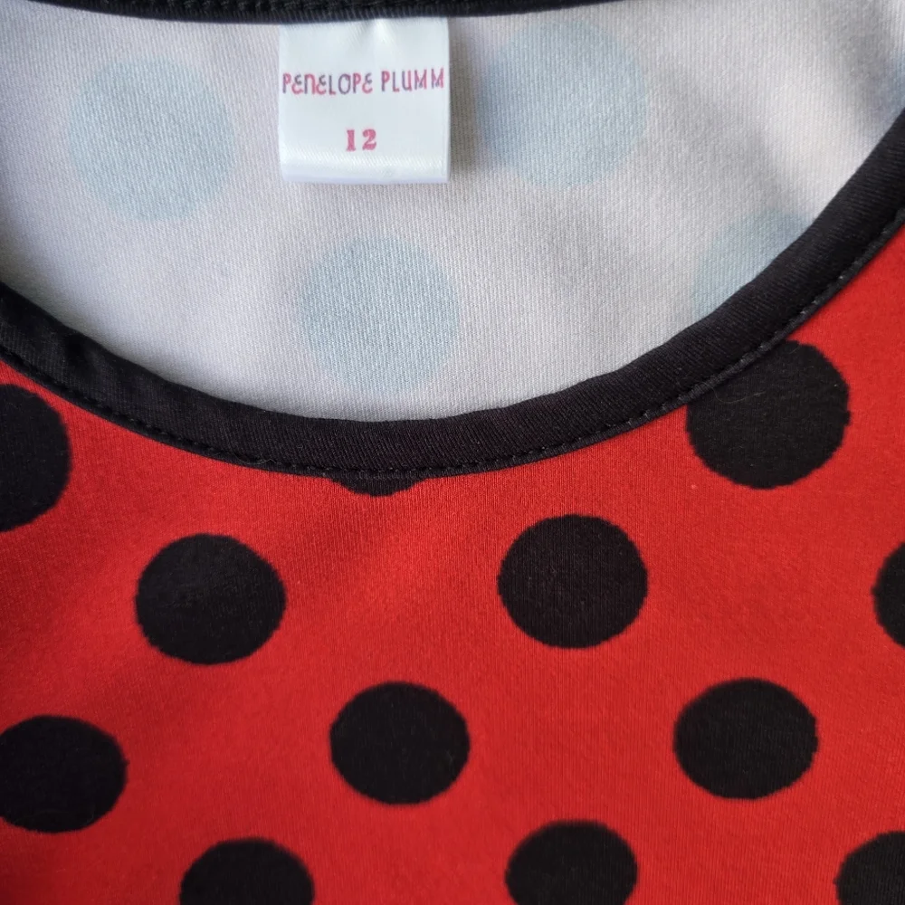 Penelope Plumm Red and White Polka Dot Ladybug Dress Long Sleeve Ruffles Size 12
