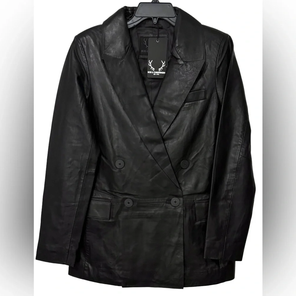 Bod & Christensen NWT Black Double Breasted Leather Blazer