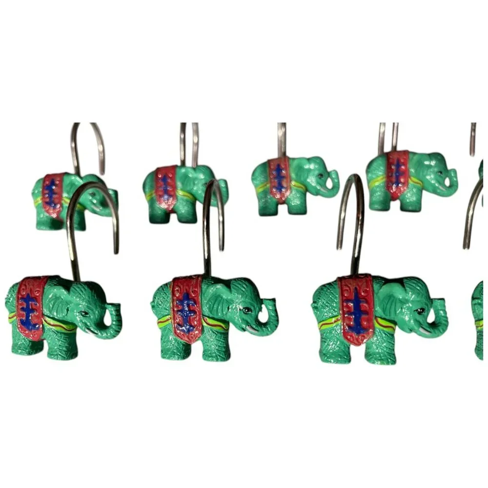 Set of 12 Green Elephant with Blankets Shower Hooks‎