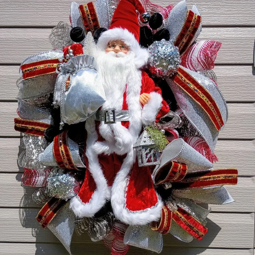 Santa Christmas Wreath, Deluxe Christmas Wreath, Silver Red Mesh Wreath