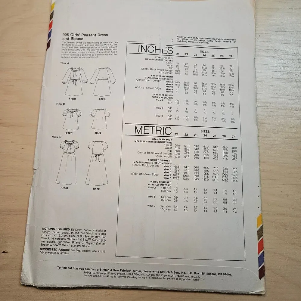 1979 Vintage 905 Girl's Peasant Dress & Blouse Stretch and Sew Chest Size 21-27