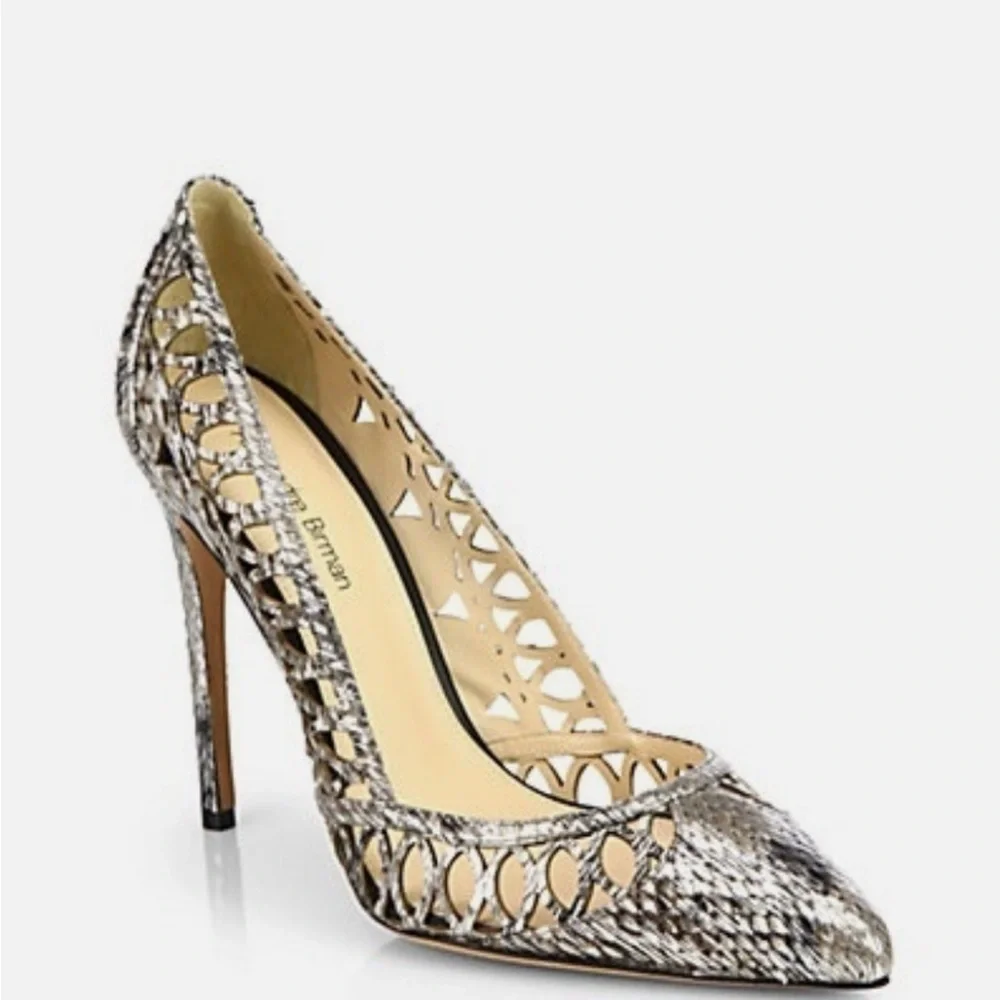 Alexandre Birman Snakeskin Laser Cut Cutout Stiletto Heels Size 36.5