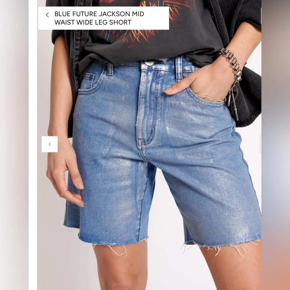 One Teaspoon Blue Future Jackson Mid Rise Silver Coated Wide Leg Denim Shorts 25