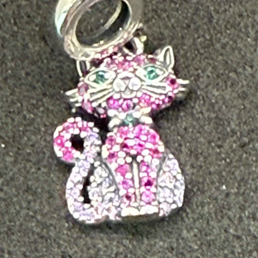 Sterling Silver Pink Crystal Cat Dangle Charm