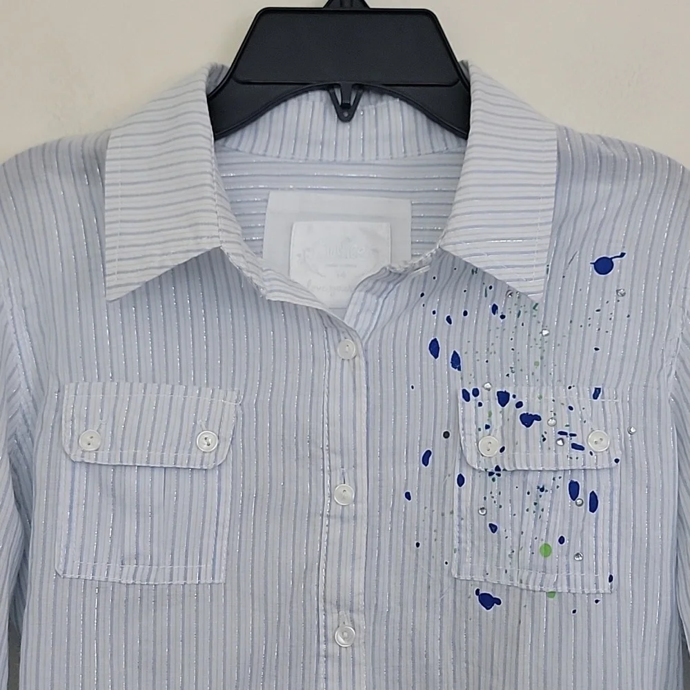 Justice Blue & Silver Striped Paint Splatter Long Sleeve Shirt Girls