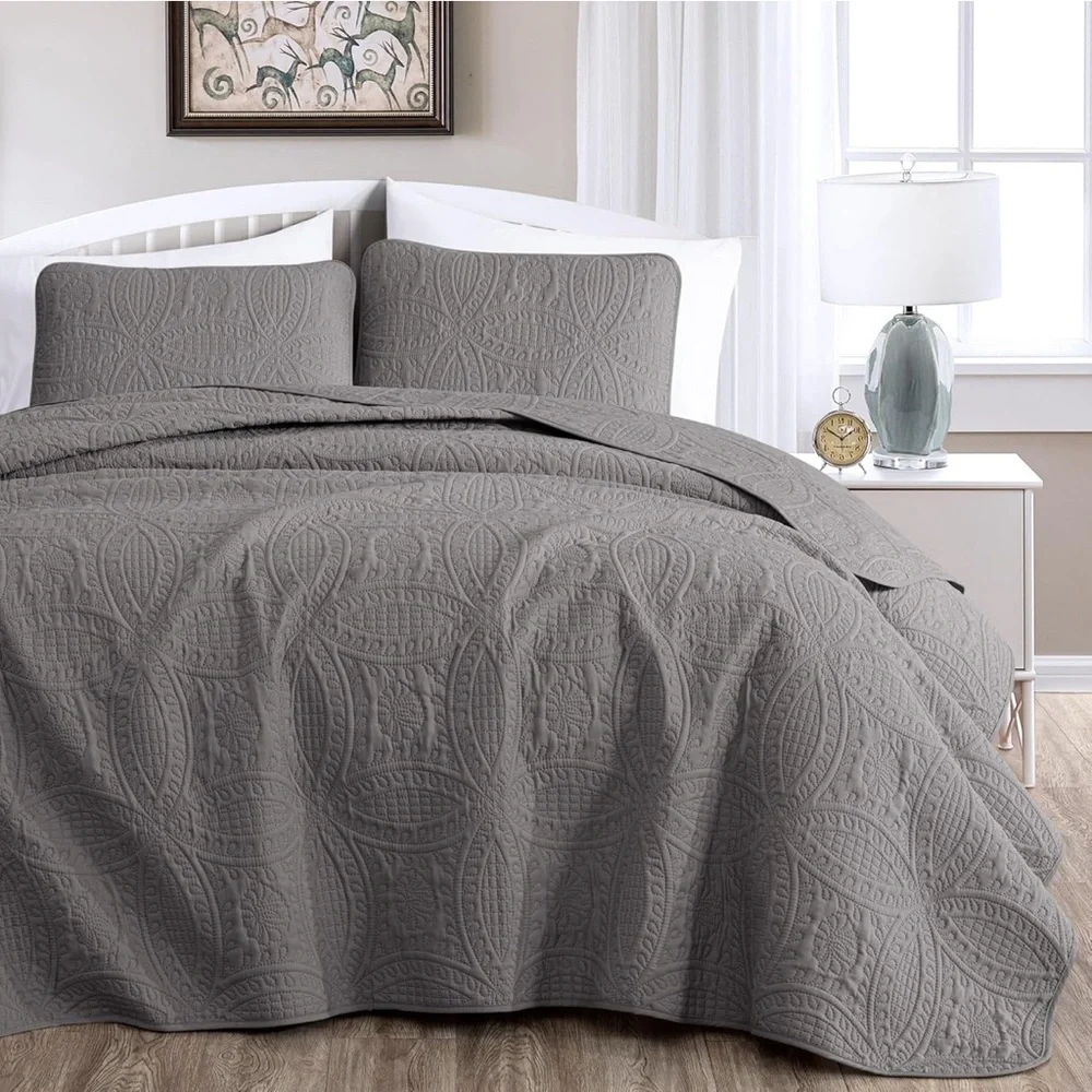 Chezmoi Collection Austin 3Piece Oversized Bedspread Coverlet Set Queen Gray New