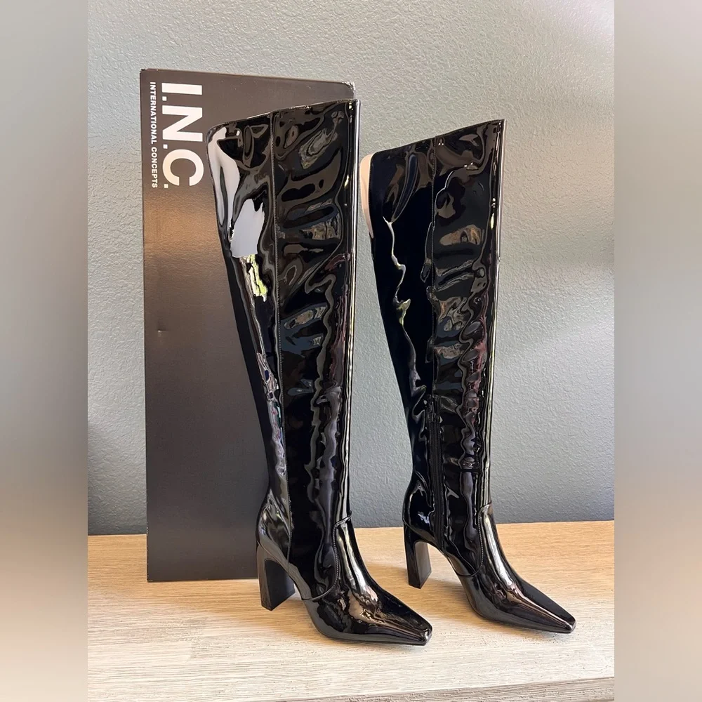 🆕 INC International Concepts Women's Shiny Black Over the Knee Boots
