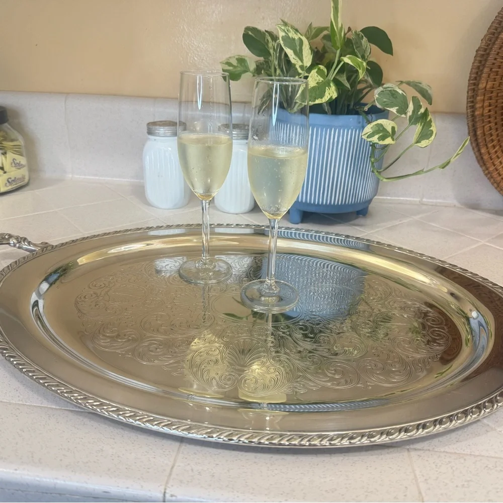 Vintage Silver Plated Oval Butler’s Tray - Ornate Etched (Handle Missing)