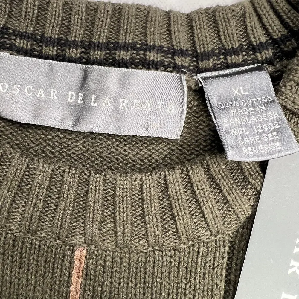 Oscar de la Renta Green Windowpane Crew Neck Sweater 100% Cotton Size XL