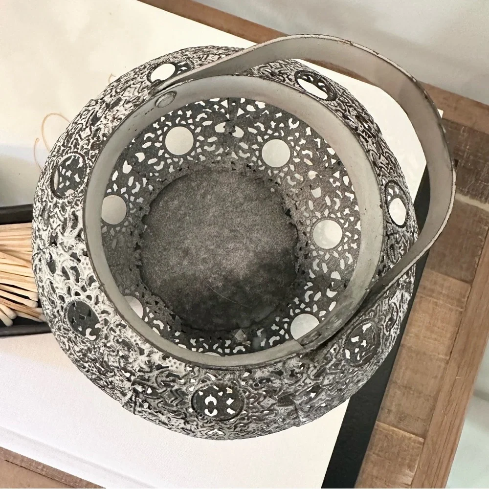 Decorative Metal Lantern Or Vase Perforated Metal With Vintage Look Handle