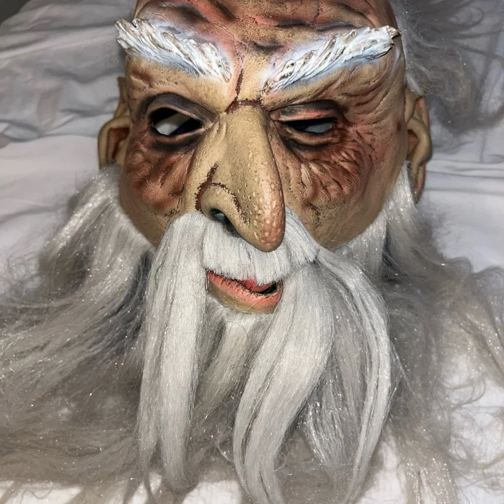 Vintage 2003 OLD MAN Mask WIZARD Full Head White Hair Beard Pointed Elf Ears VTG