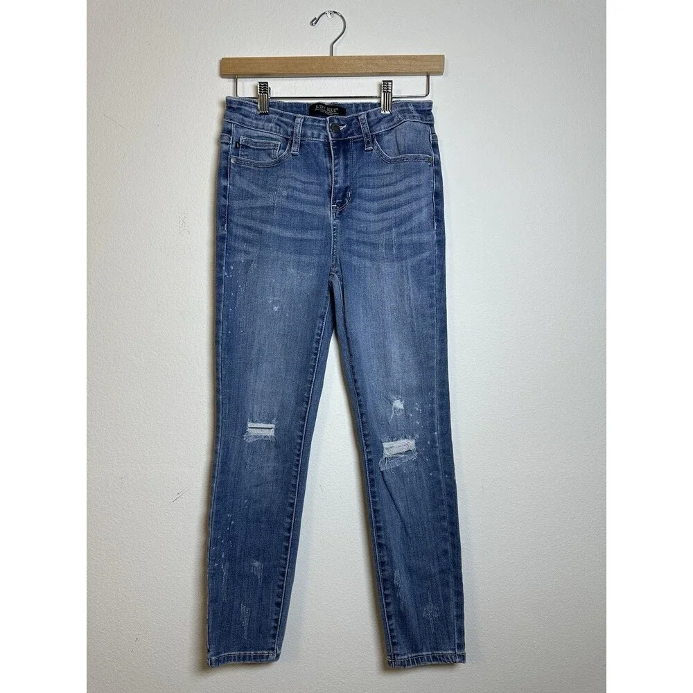 Judy Blue Jeans 28 Relaxed Fit Blue Distressed Denim Stretch Mid Rise Womens