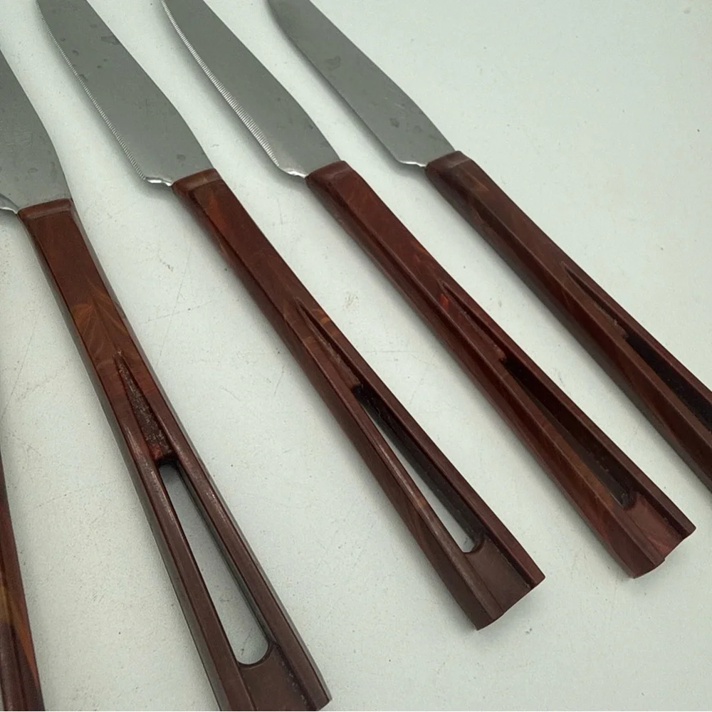 6 VTG Stanley Deluxe Stanhome Steak Knives Catalina Lucite Cut Out Handle MCM