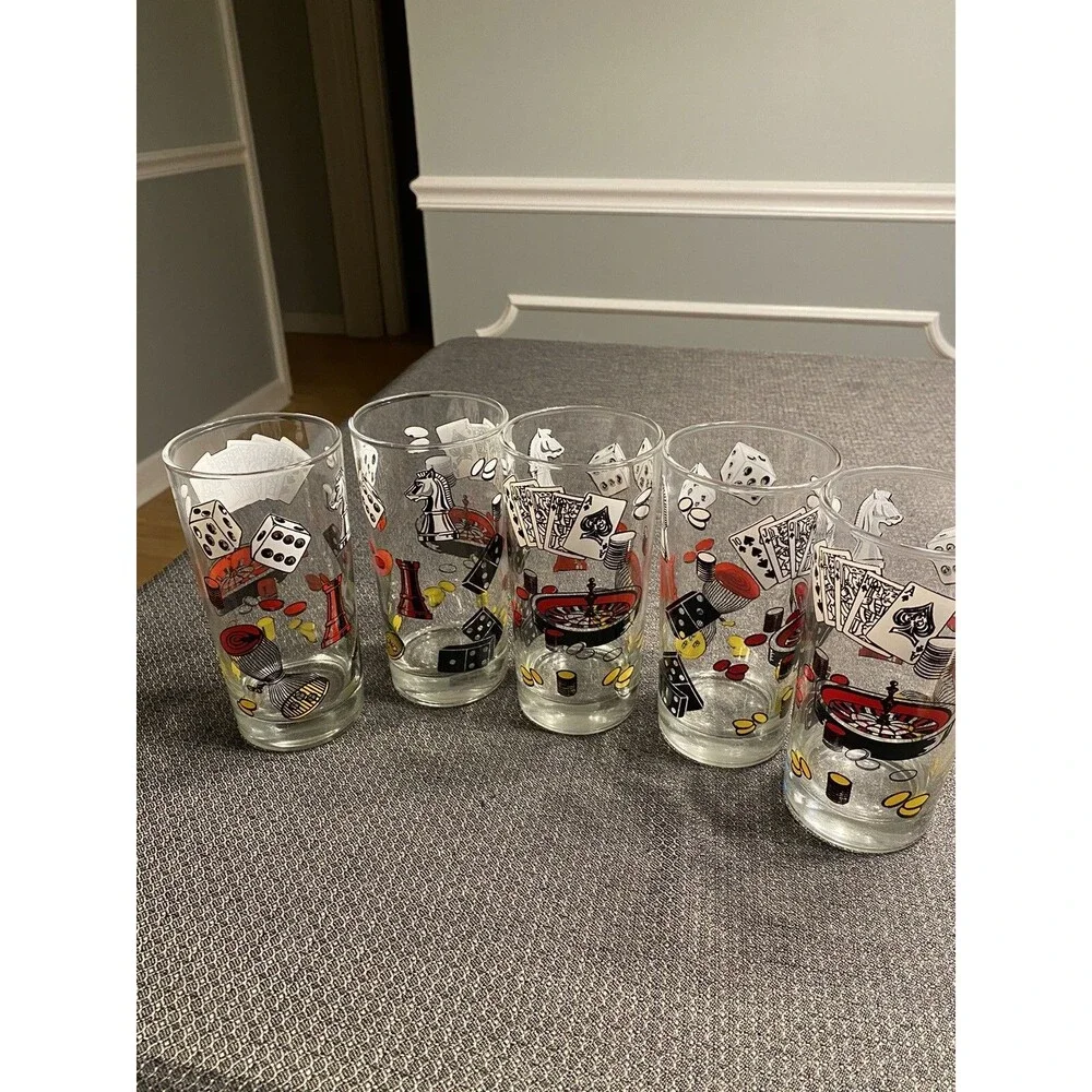 Hazel Atlas Poker Themed Cards Ice Bucket & 5 Glasses 1960’s Man Cave Barware
