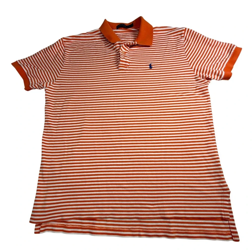 Ralph Lauren Polo Shirt Mens Large Striped Orange White Short Sleeve Casual Top