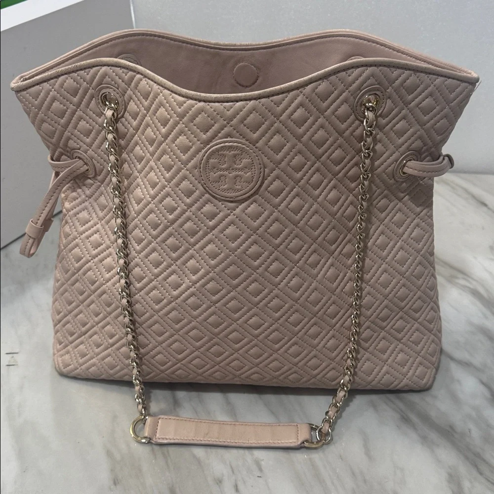 Tory Burch Marion Quilted Leather Slouchy Tote Shoulder Bag Peach Colored