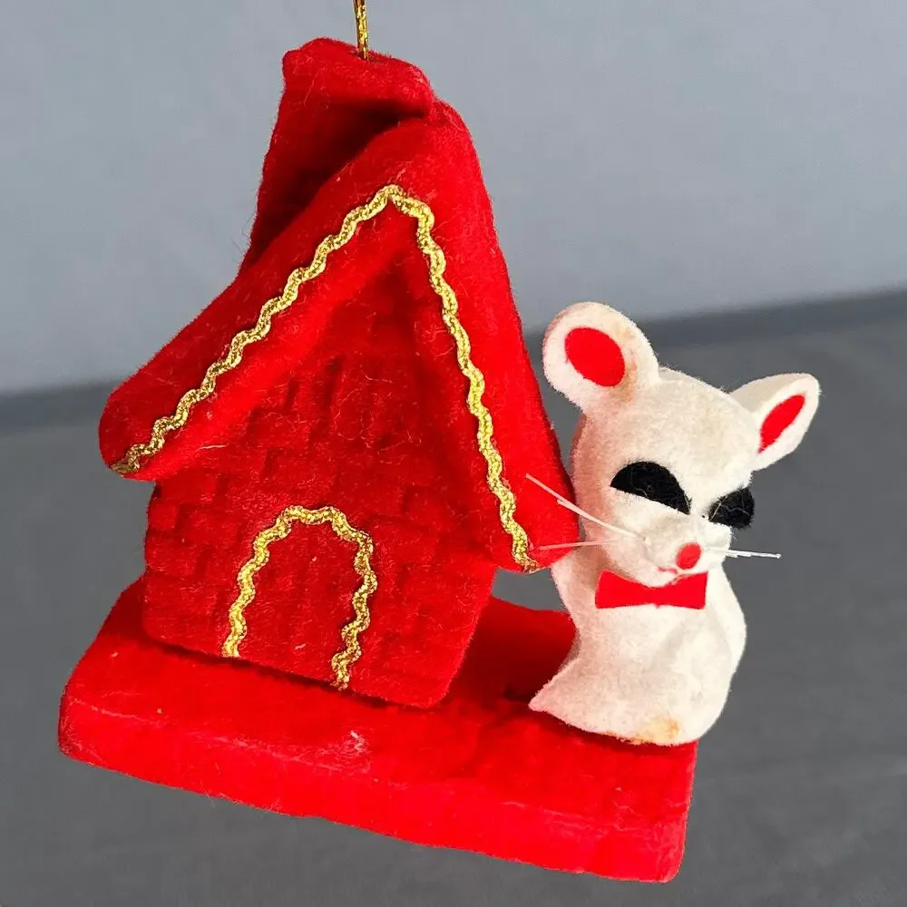 10 VTG 1950s Flocked Felt Christmas Ornaments Mice Cat Snowmen Santa MCM Kitschy