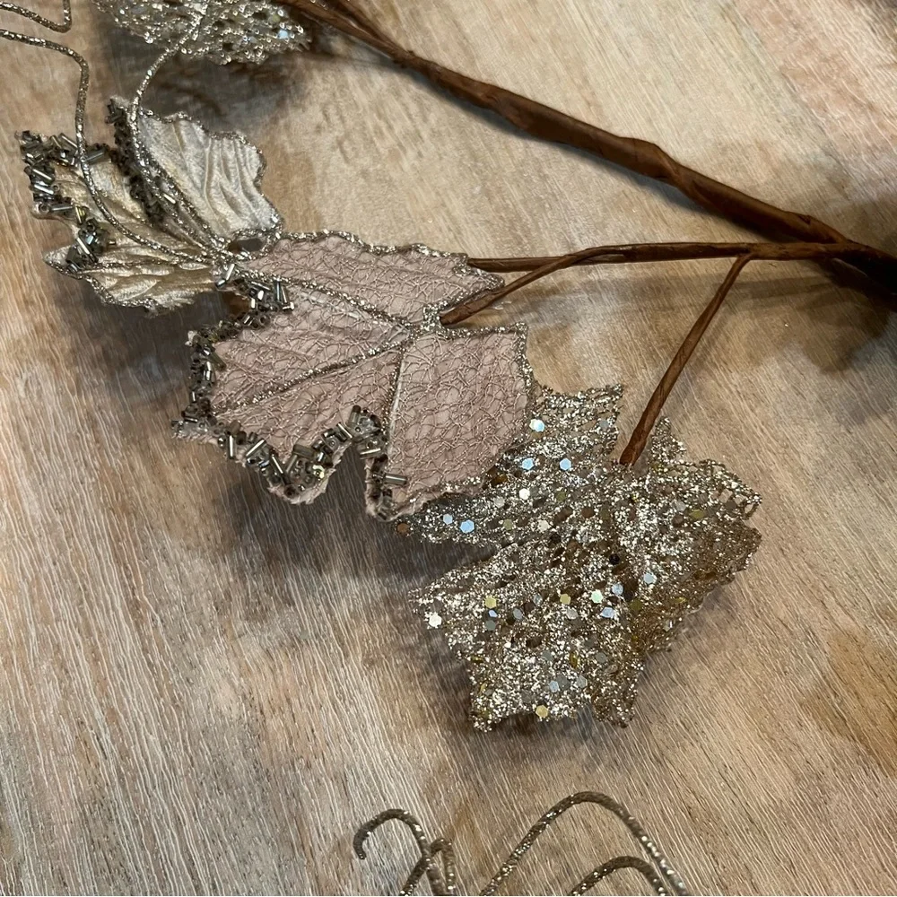 Metallic Glitter Champagne and Taupe Fig Leaf Holiday Garland