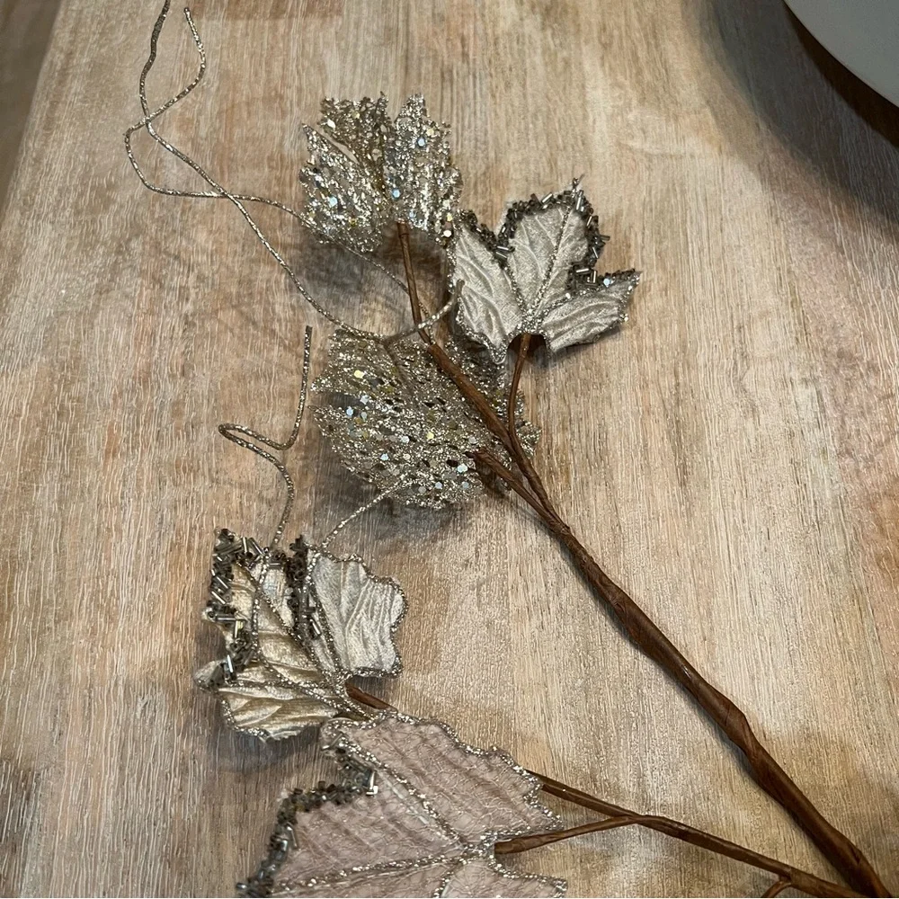 Metallic Glitter Champagne and Taupe Fig Leaf Holiday Garland
