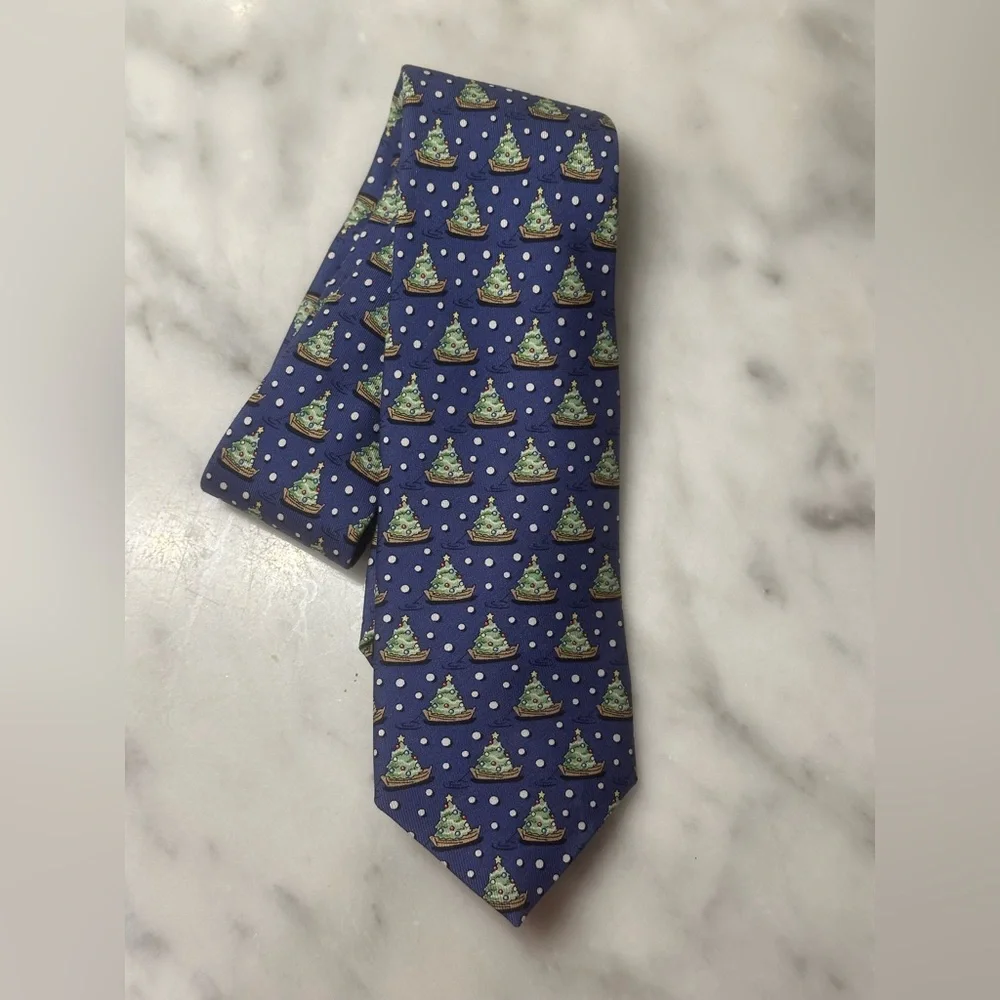 Vineyard Vines tie 100% silk blue boat christmas tree - Boys One Size (OS)
