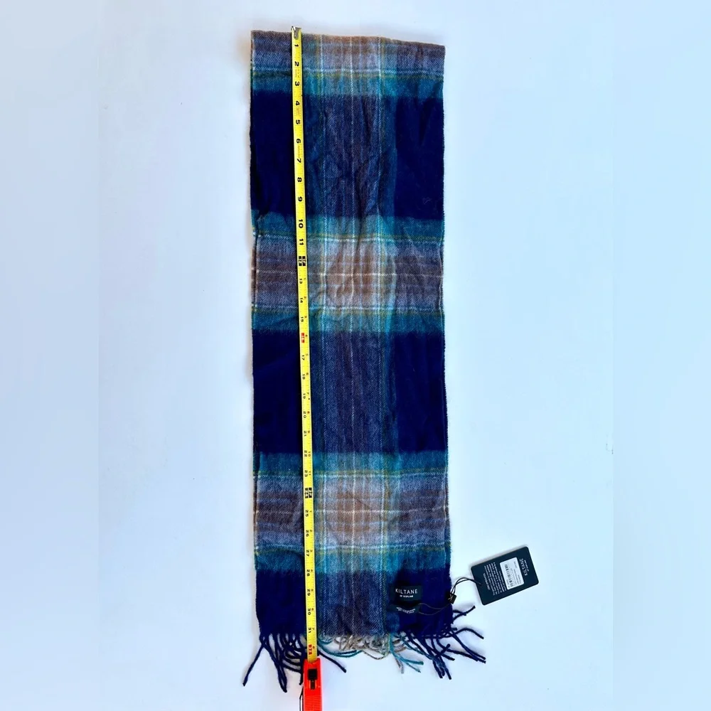 NWT Kiltane of Scotland Plaid Lambswool Navy Turquoise and Brown Scarf, 62”x10”