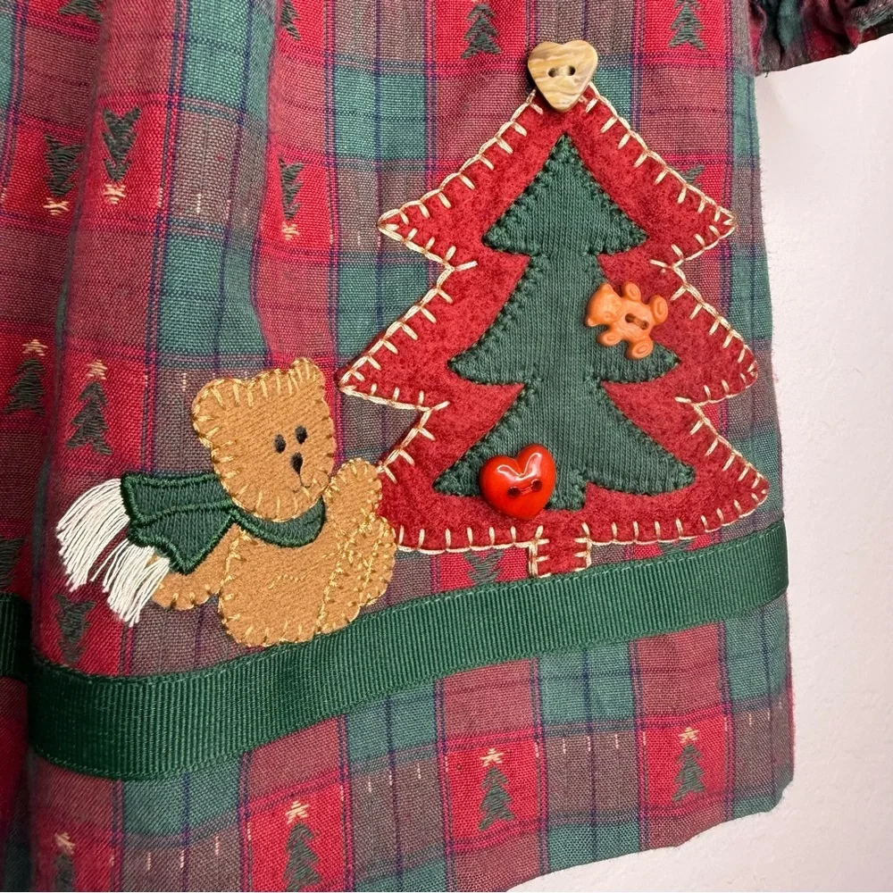 Sophie Rose Plaid Holiday Dress with Bear and Tree Appliqué