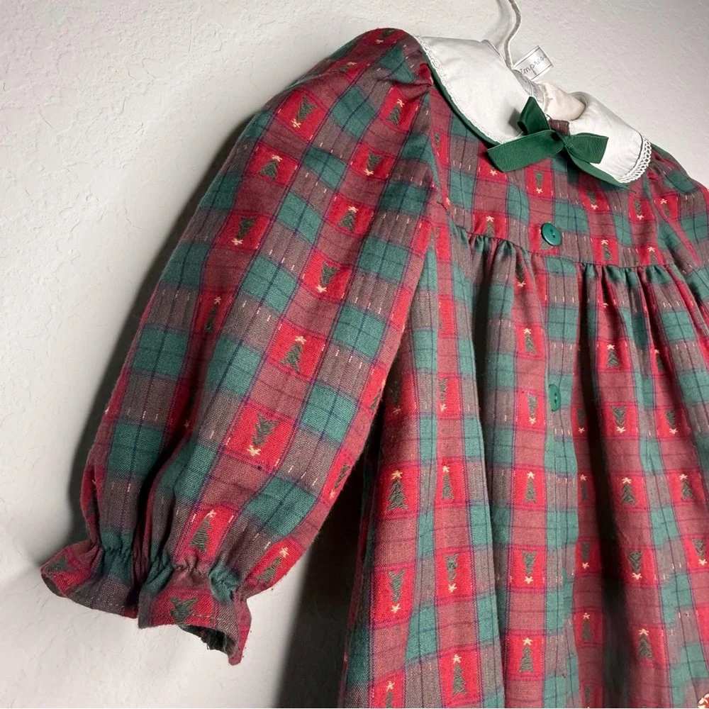 Sophie Rose Plaid Holiday Dress with Bear and Tree Appliqué