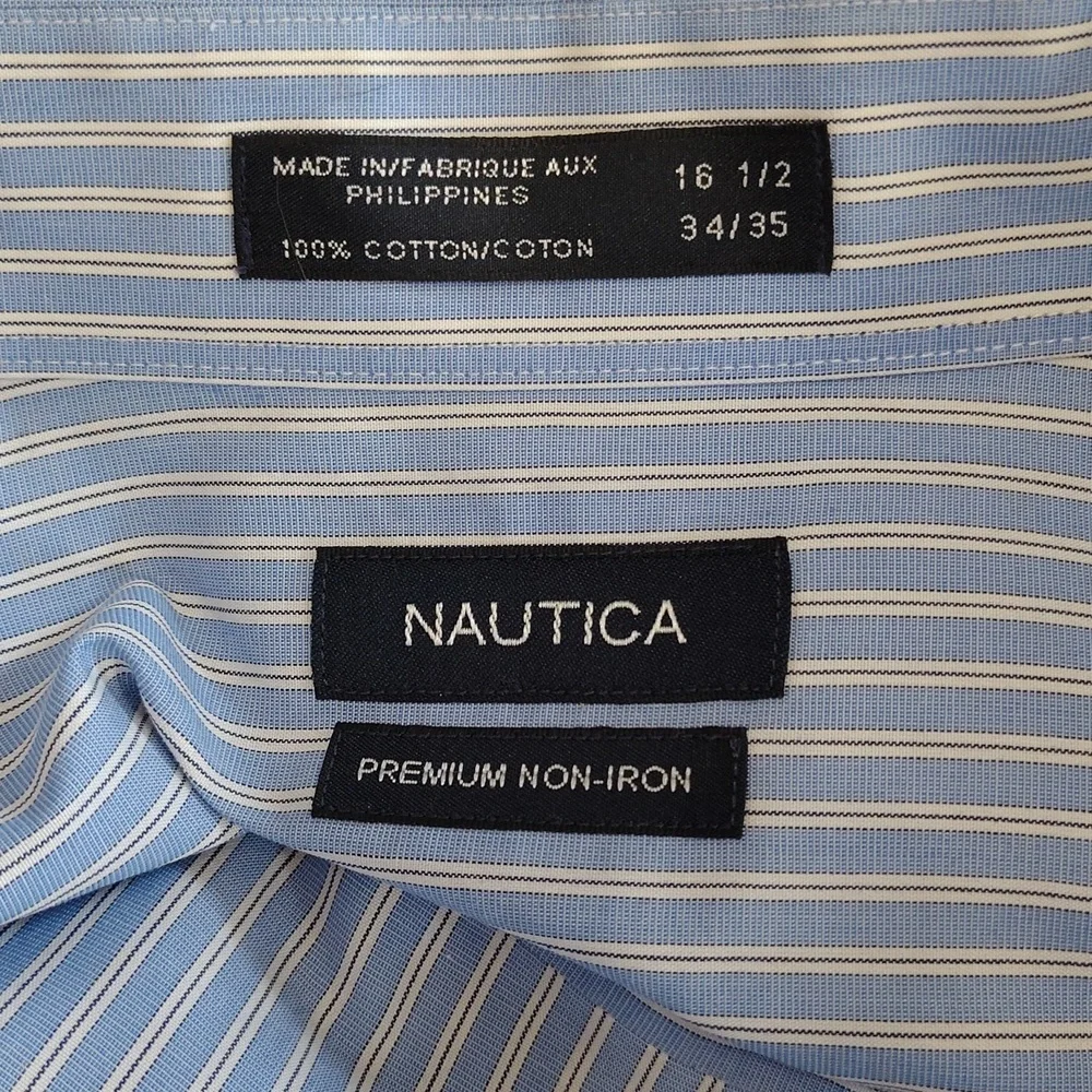 Nautica Dress Shirt Size 16 1/2 34/35. No Iron Cotton Office Professional Blue