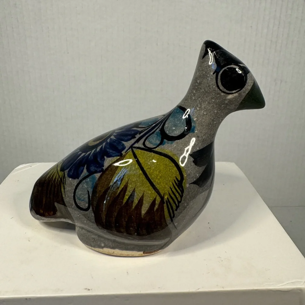 Vintage Tonala Mexican Bird Folk Art Ceramic Blue Floral
