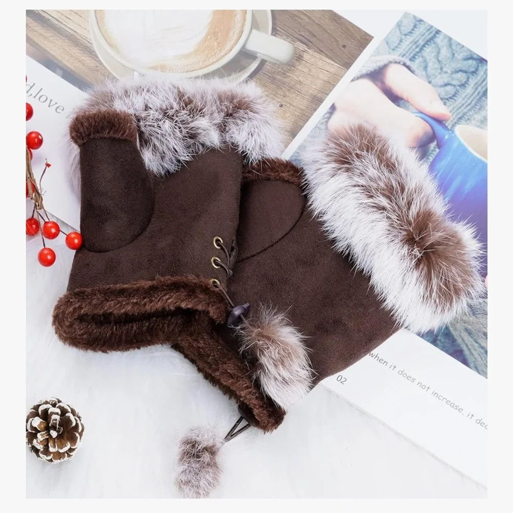 🆕 Women Faux Fur Fingerless Gloves Winter Warm Fuzzy Half Finger Mittens Womens