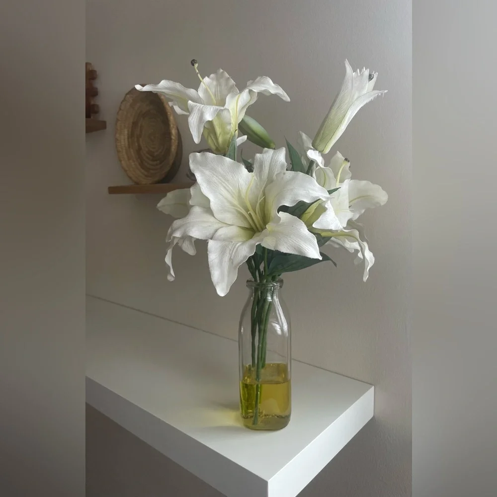 Faux White Lily Arrangement in Glass Vase