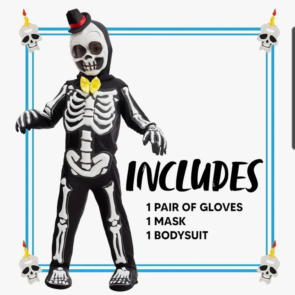 Spooky Glow In The Dark Skeleton Kids Costume with Yellow Bow Tie Size Small