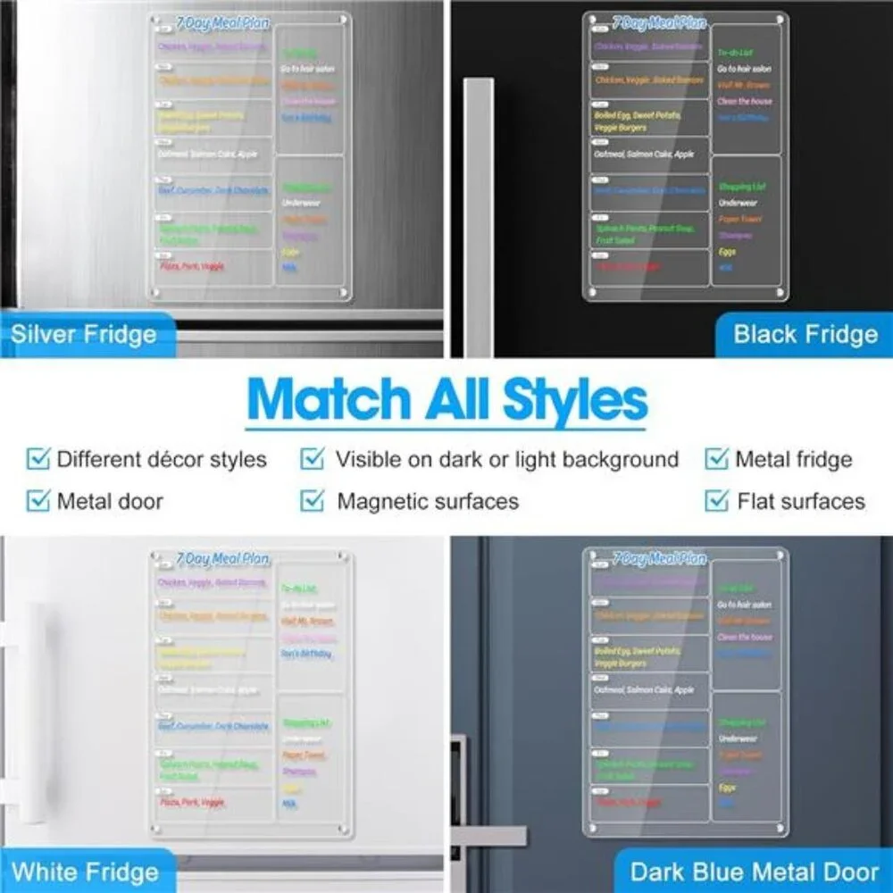 Acrylic Meal Planner Magnetic Menu Board for Kitchen Fridge w/Markers, Clear
