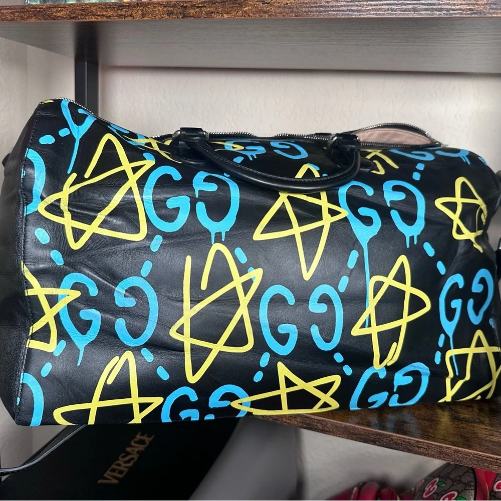 Authentic Gucci Ghost Black and Yellow Graphic Duffel Bag