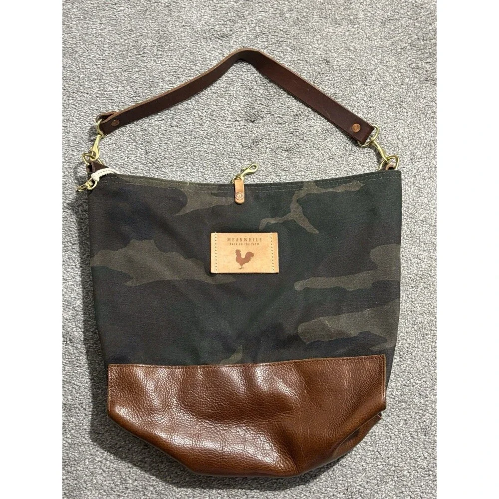 Meanwhile Back On The Farm Camo Canvas & Leather Convertible Tote Satchel Anthro