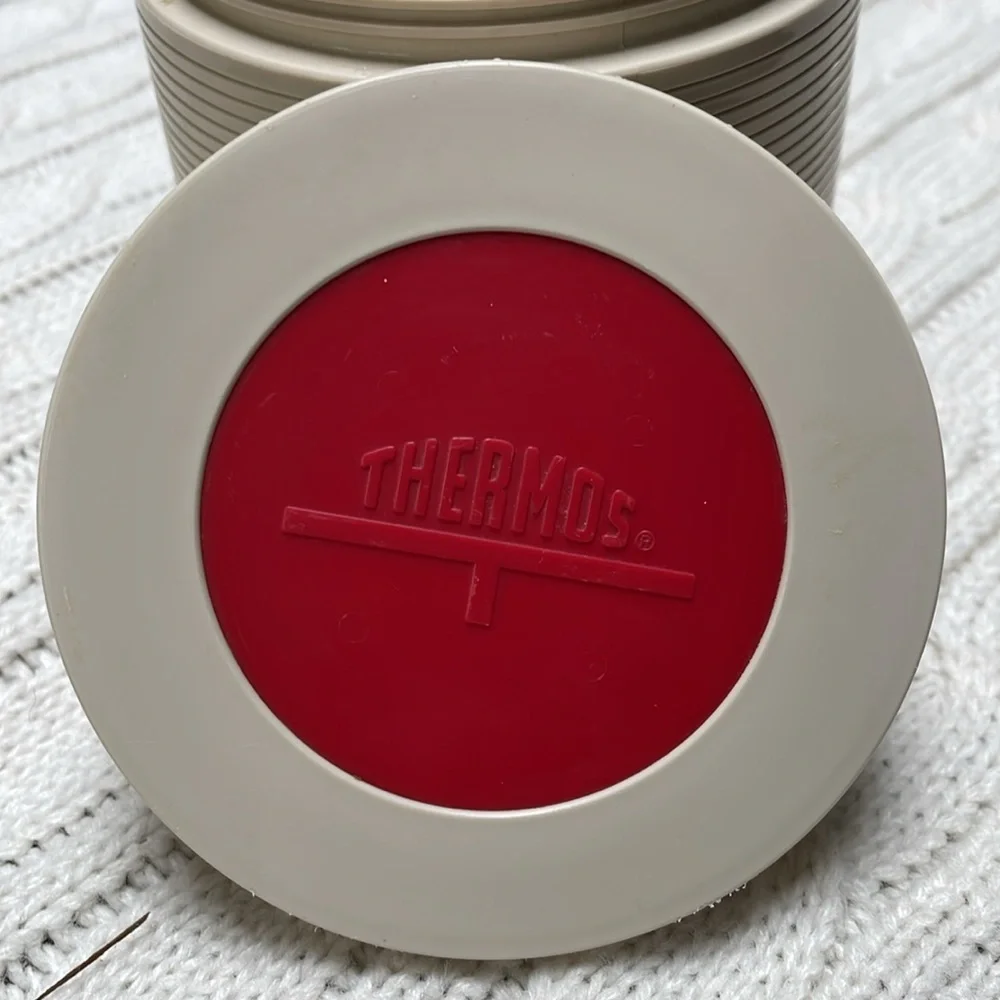 VTG Thermos tan with red accented lid. Model # 1155. Insulated jar. Threaded lid