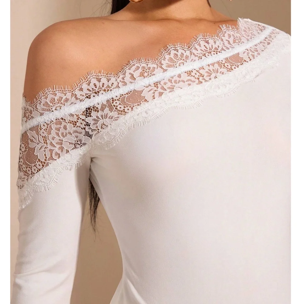 Burgundy Floral Lace One Shoulder Fitted Long Sleeve Bodysuit