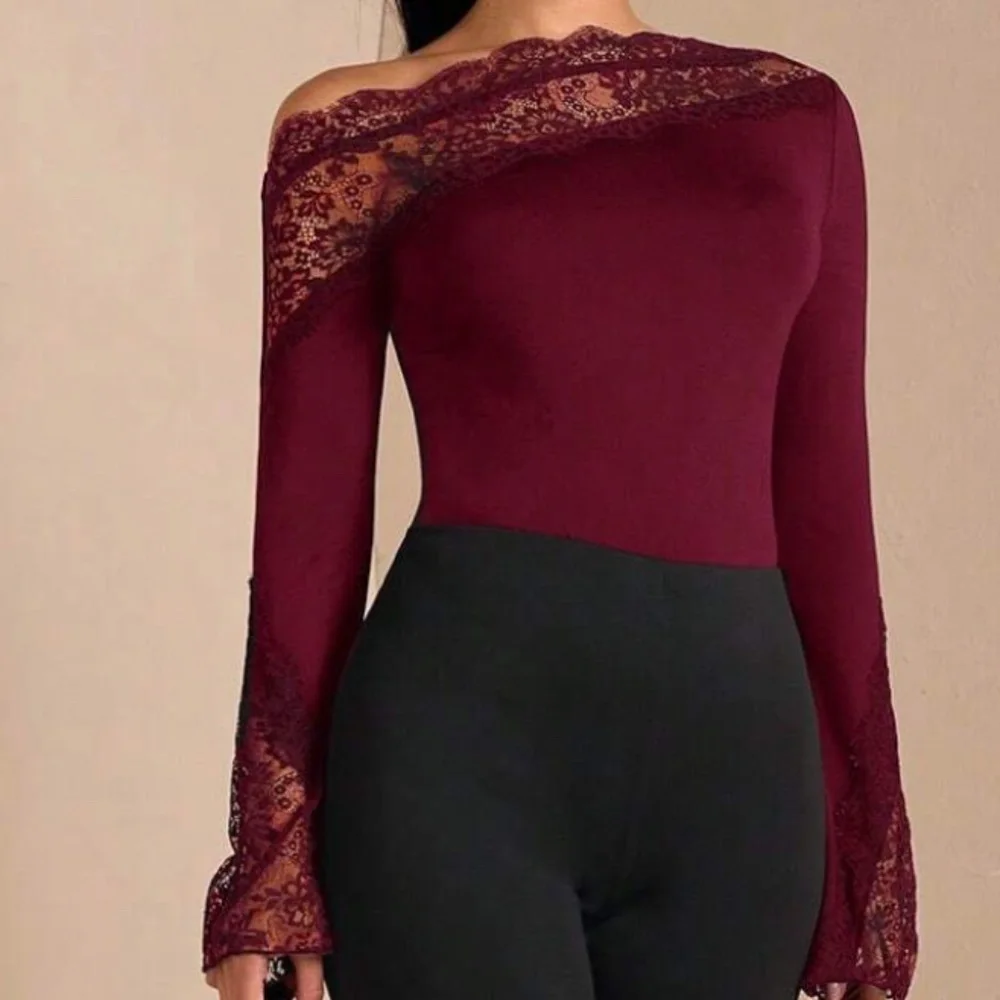 Burgundy Floral Lace One Shoulder Fitted Long Sleeve Bodysuit